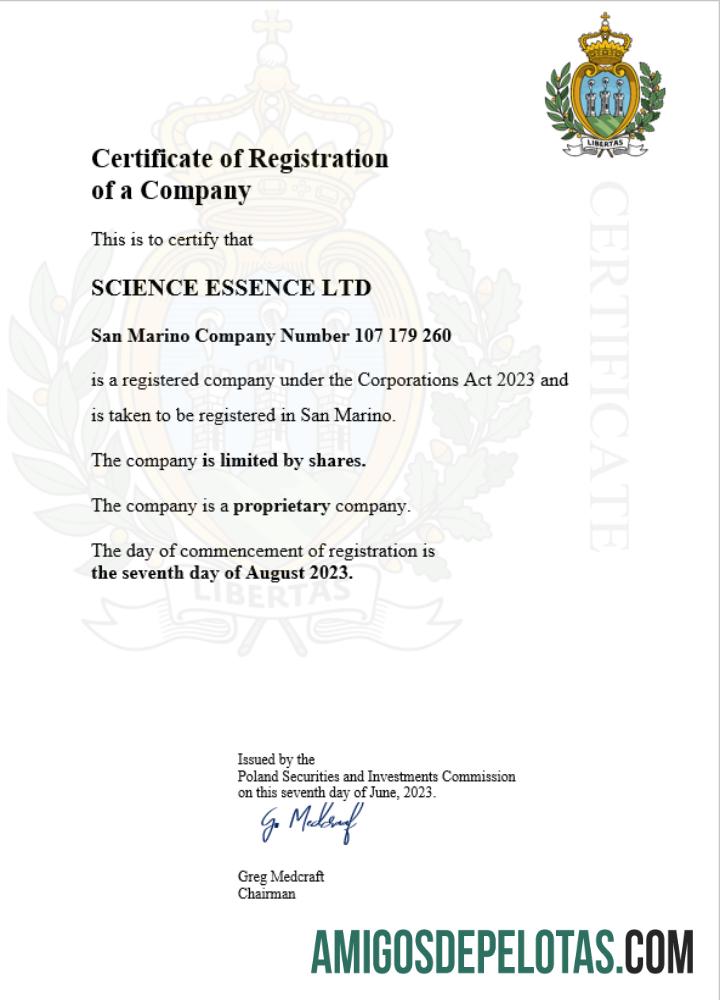 Certificado de registro comercial de San Marino para impressão, modelo Word e PDF